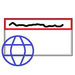 An empty white name tag with a red box at the top containing a black squiggle to represent text. Over the lower left corner is a blue globe internet symbol.